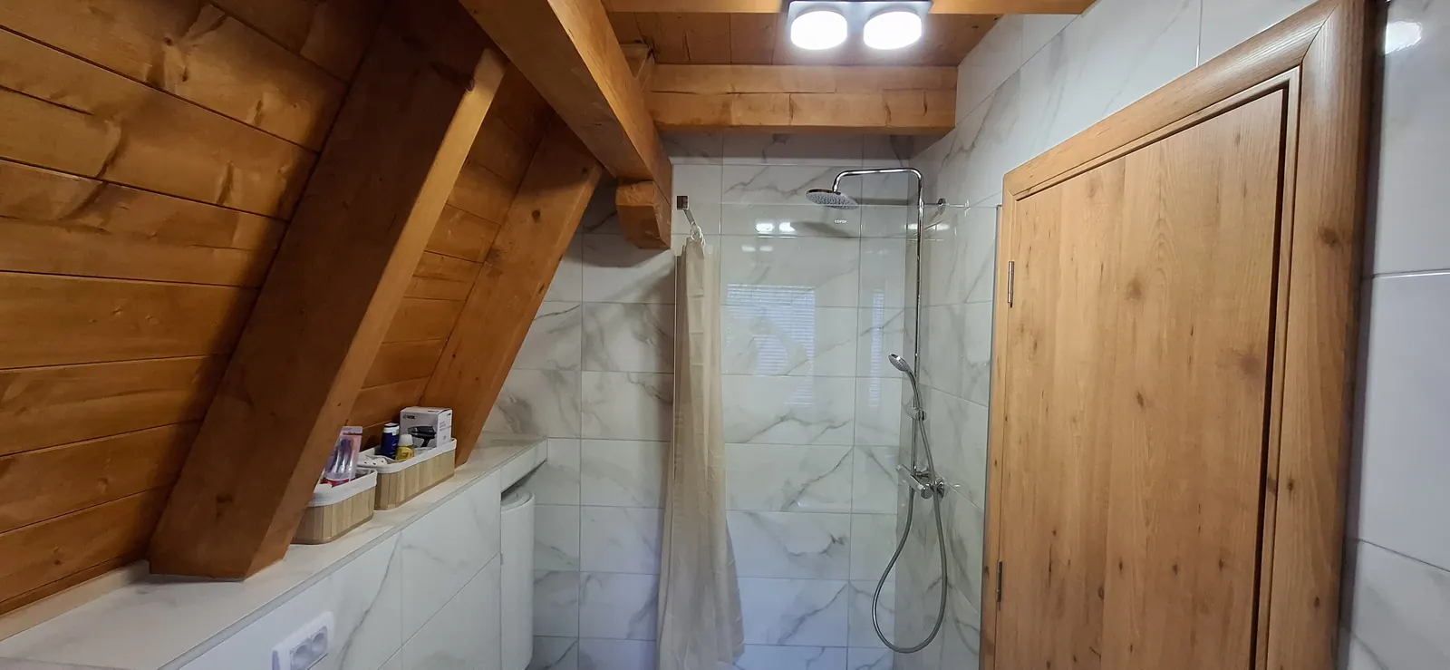 The cabin bathroom with shower.